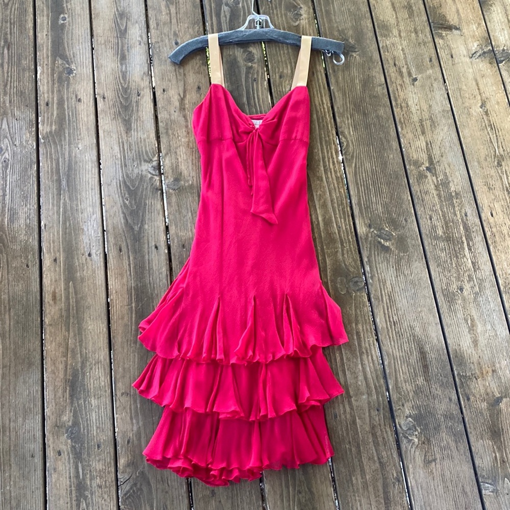 Rebecca Taylor 100% Silk Tiered Cocktail Dress with Gold Straps